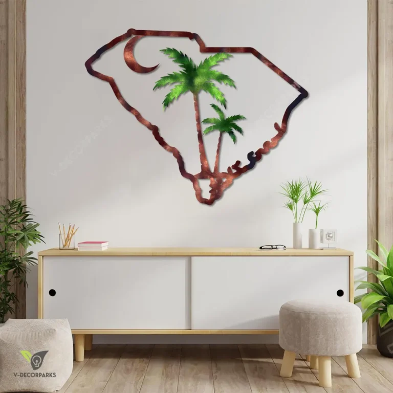 South Carolina Map, Palmetto And Moon Colored Metal Art, South Carolina Beach Wall Decor