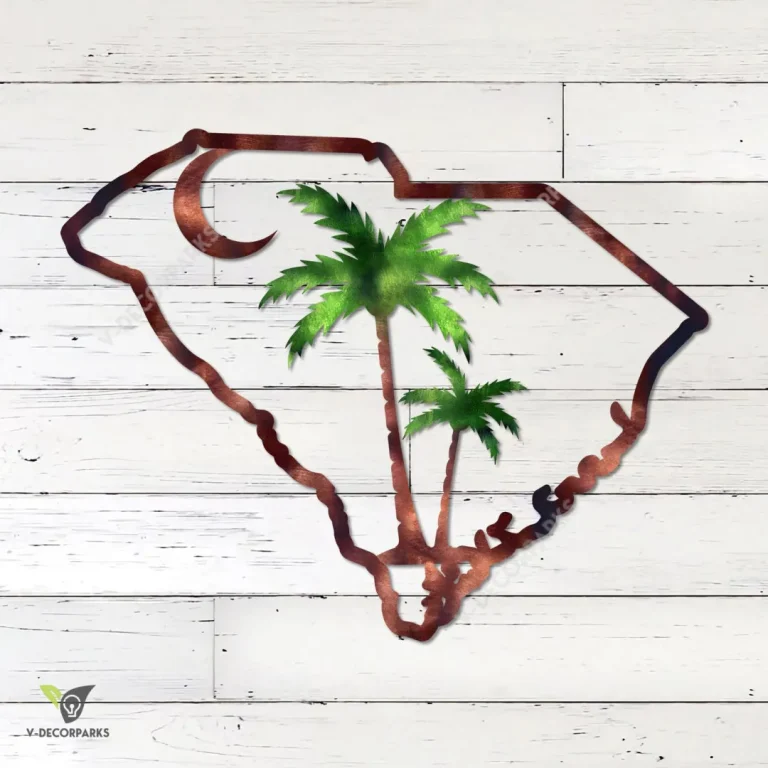 South Carolina Map, Palmetto And Moon Colored Metal Art, South Carolina Beach Wall Decor