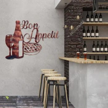 Bon Appetit Wine And Cake Copper Metal Art, Kitchen, Dining Room Metallic Decoration