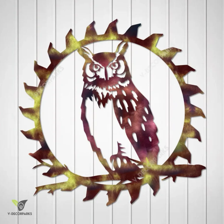 Owl In Saw Round Metal Sign, Owl Color Cutout Wall Hanging