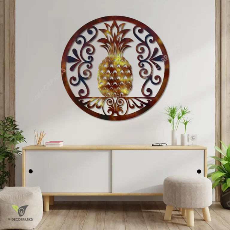 Copper Pineapple In Round Frame Metal Art, Pineapple Beach Plasma Cut Accent