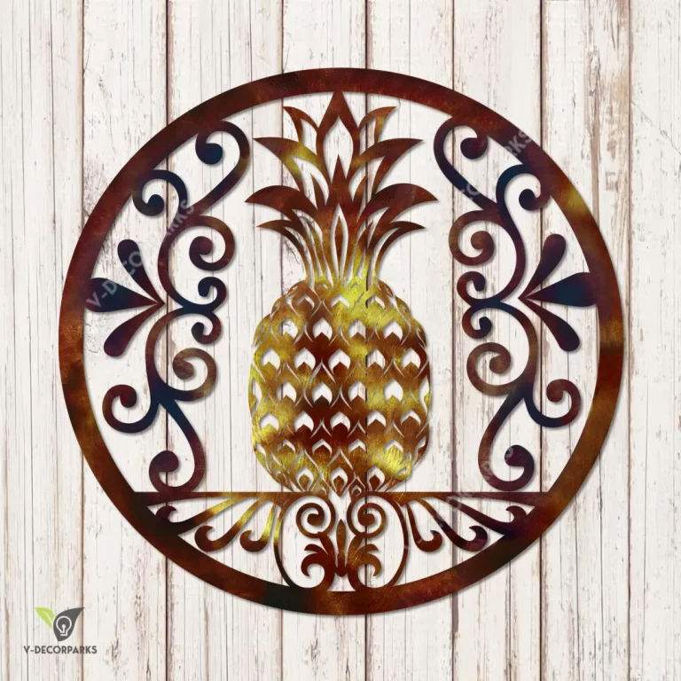Copper Pineapple In Round Frame Metal Art, Pineapple Beach Plasma Cut Accent