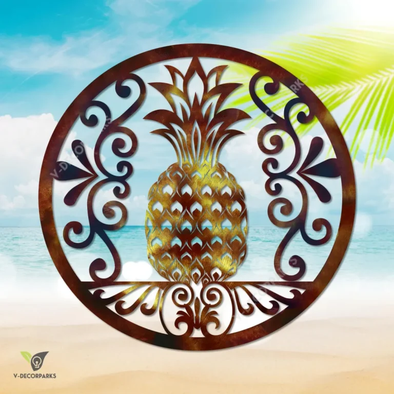 Copper Pineapple In Round Frame Metal Art, Pineapple Beach Plasma Cut Accent