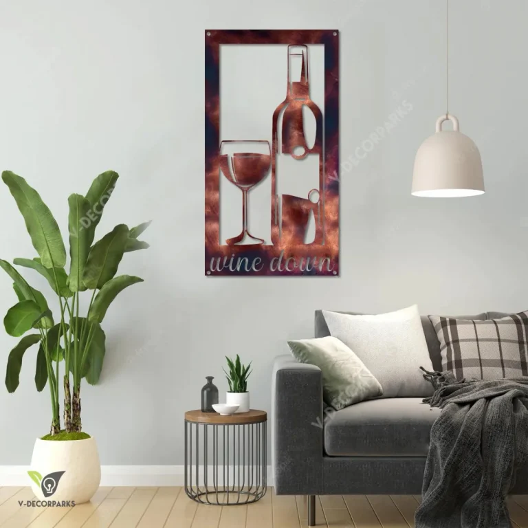 Wine Down Rectangle Copper Metal Sign, Wine Down Interior Accent For Pub