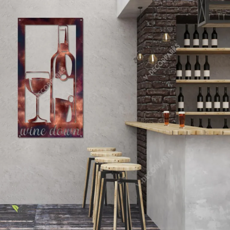 Wine Down Rectangle Copper Metal Sign, Wine Down Interior Accent For Pub