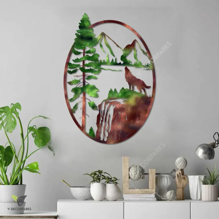 Wolf Howling On Cliff Colored Metal Art, Wolf Door Plaque