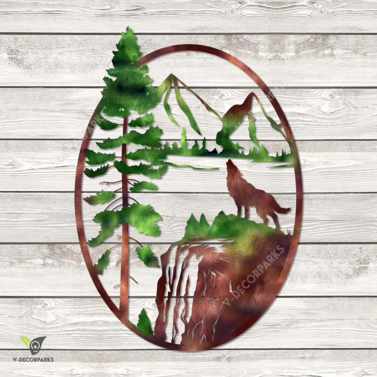 Wolf Howling On Cliff Colored Metal Art, Wolf Door Plaque