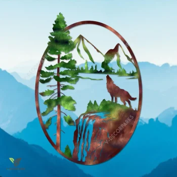 Wolf Howling On Cliff Colored Metal Art, Wolf Door Plaque