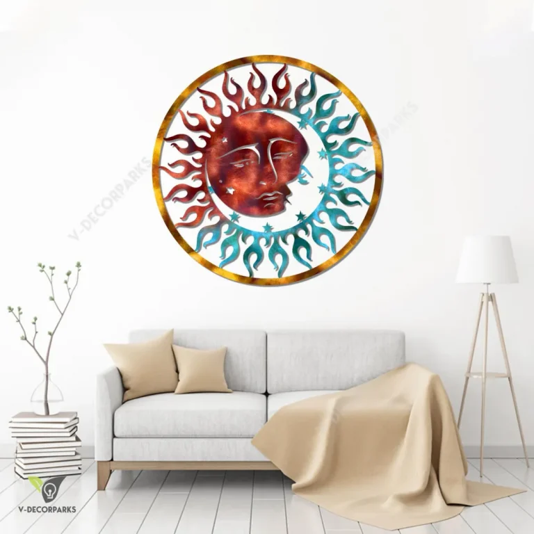 Sun, Moon And Stars Celestial Colored Metal Wall Art, Sun, Moon And Stars Celestial Living Room Decoration