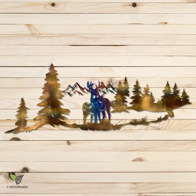 Couple Buck And Doe In The Forest Color Metal Wall Decoration, Deer Metallic Accent