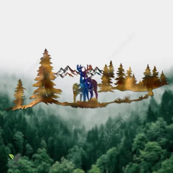 Couple Buck And Doe In The Forest Color Metal Wall Decoration, Deer Metallic Accent