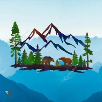 Family Bear Mountain Scenery Colorful Metal Sign, Bear Parents And Cub Nature Artwork