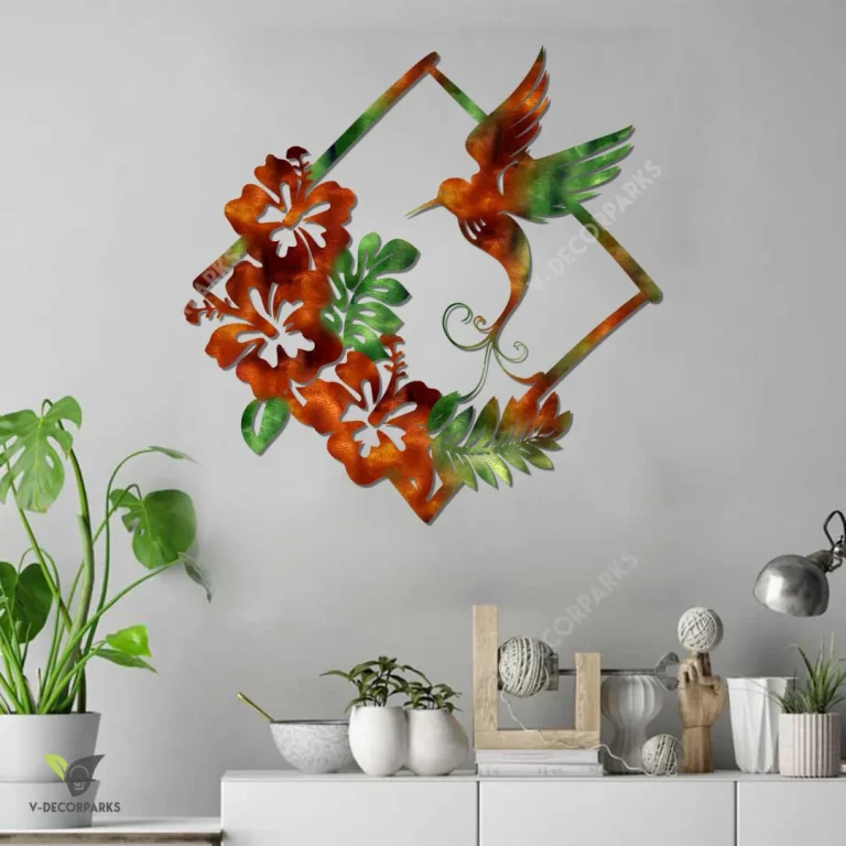 Hummingbird And Hibicus Flowers Copper Rhombus Metal Art, Hummingbird Printed Home Wall Hanging