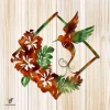 Hummingbird And Hibicus Flowers Copper Rhombus Metal Art, Hummingbird Printed Home Wall Hanging