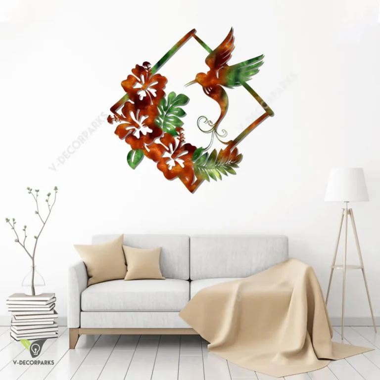 Hummingbird And Hibicus Flowers Copper Rhombus Metal Art, Hummingbird Printed Home Wall Hanging