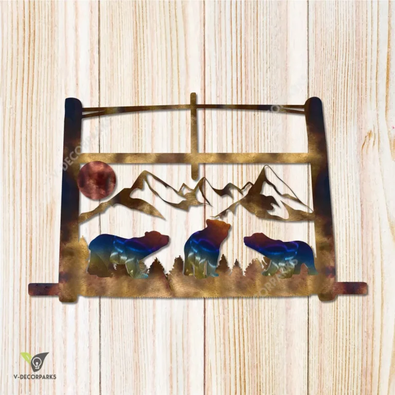 Three Bear Cubs Bow Saw Print Metal Art, Bears And Bow Saw Metallic Decor