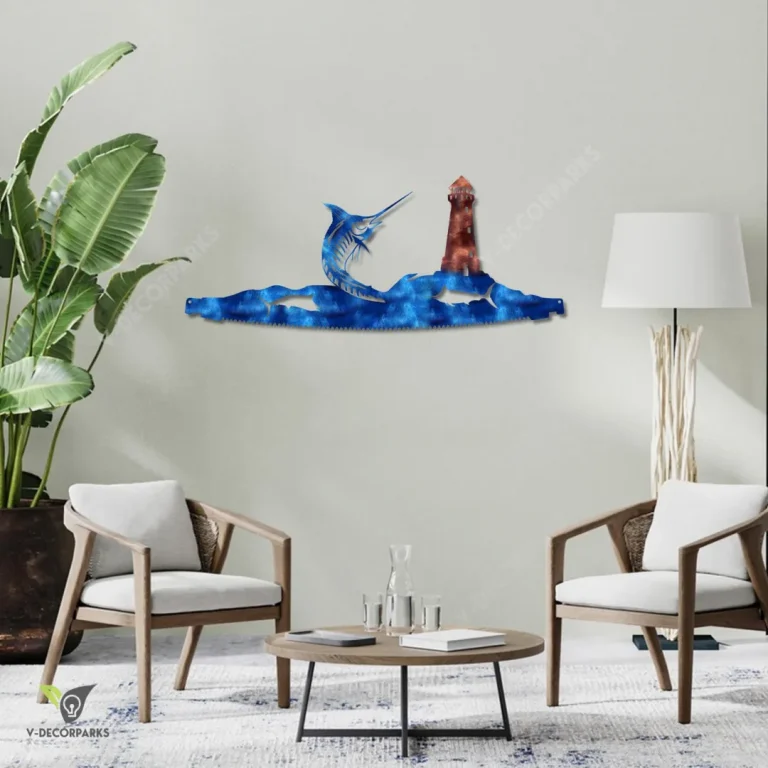 Blue Marlin Fish And Hatteras Island Lighthouse In Saw Metal Art, Blue Marlin, Lighthouse Decorative Beach Plaque