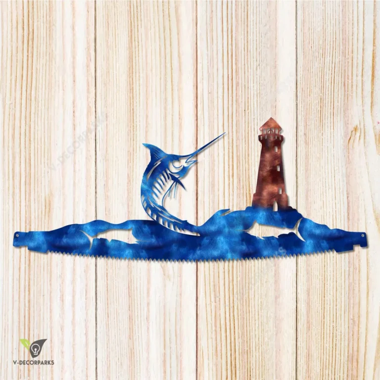 Blue Marlin Fish And Hatteras Island Lighthouse In Saw Metal Art, Blue Marlin, Lighthouse Decorative Beach Plaque