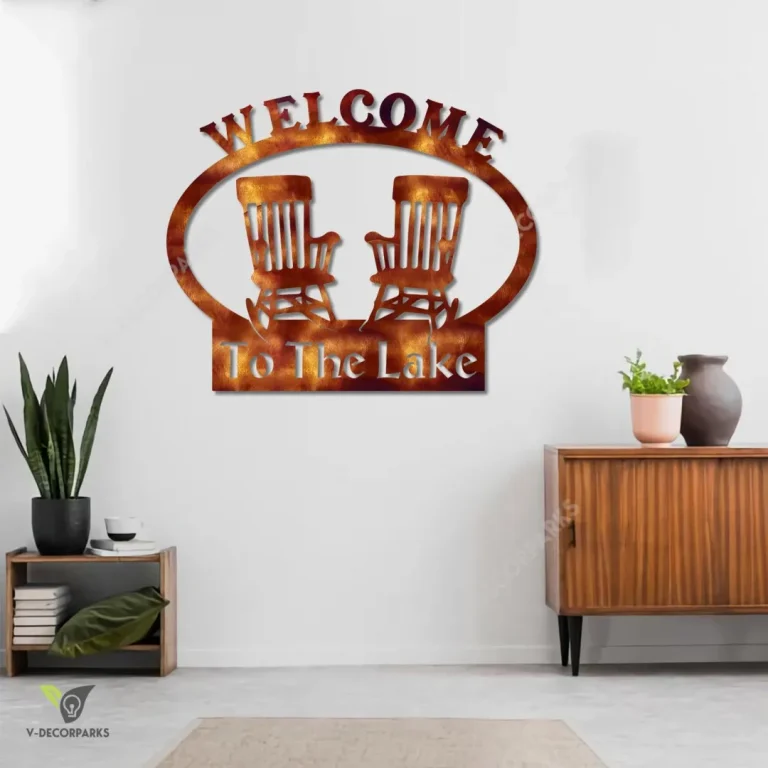 Welcome To The Lake With Chairs Copper Metal Sign, Lakehouse Metallic Door Hanging