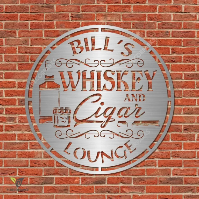 Personalized Whiskey And Cigar Lounge Metal Sign, Man Cave, Bar, Pub Decorative Plaque