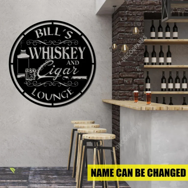 Personalized Whiskey And Cigar Lounge Metal Sign, Man Cave, Bar, Pub Decorative Plaque