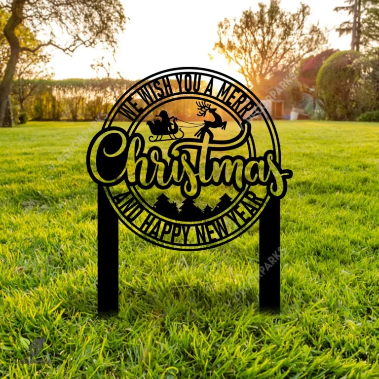 We Wish You A Merry Christmas And Happy New Year Flying Sleigh Metal Garden Sign, Santa Clause Welded Stake