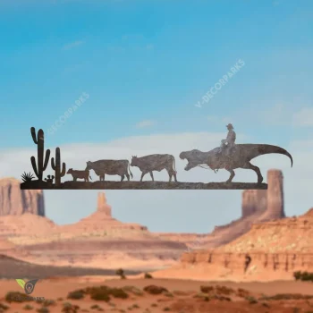 Funny Cowboy Riding T-rex And Cows Metal Art, Dinosaur Decor For Boy's Room