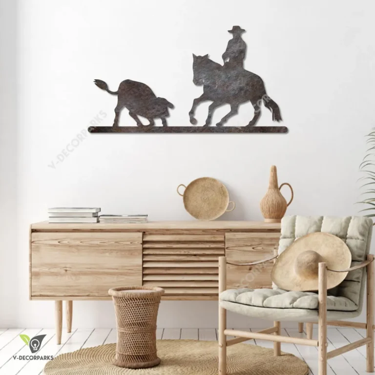 Cowboy And Bull Print Metal Wall Decor, Bull Outer Decoration