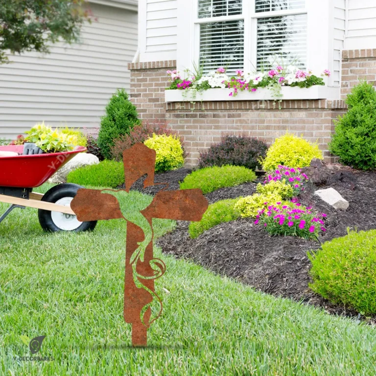 Rusty Cross And Dove Bird Jesus Metal Garden Decoration, Religion Exterior Accent