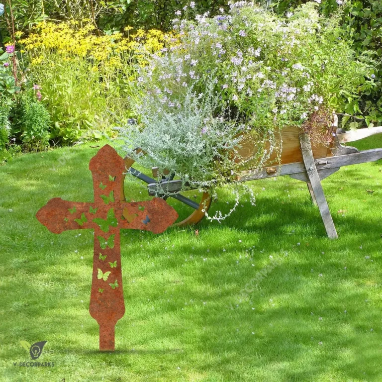 Rusted Cross With Butterflies Jesus Christ Metal Garden Decor, Holy Patio Stake For Mom