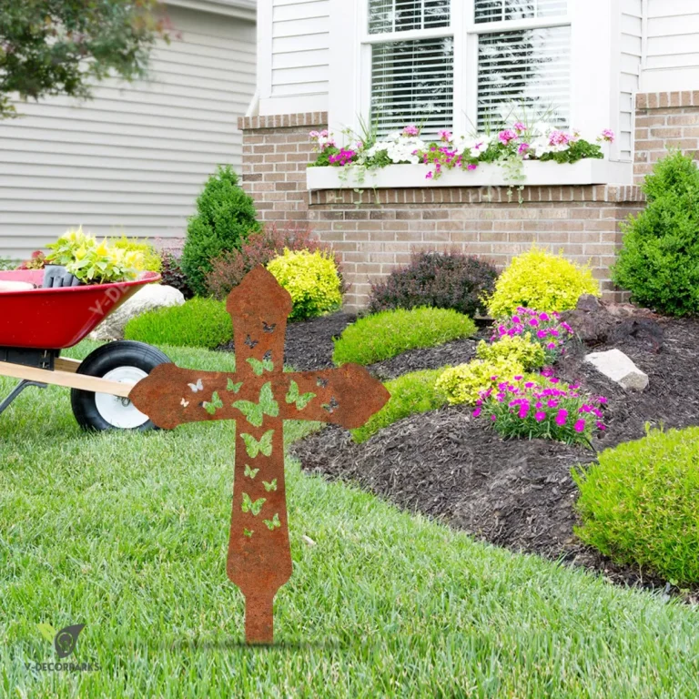 Rusted Cross With Butterflies Jesus Christ Metal Garden Decor, Holy Patio Stake For Mom