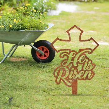 Rustic He Is Risen Jesus Christ Cross Metal Garden Art