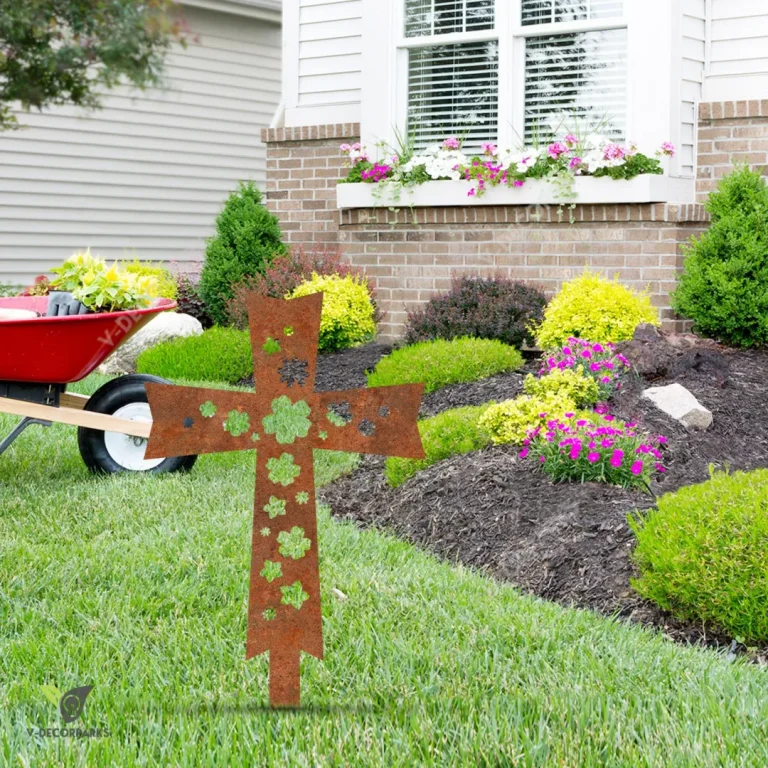 Rusted Cross And Flowers Jesus Metal Garden Art, Christianity Laser Cut Backyard Stake