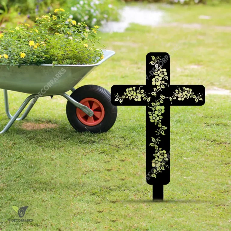 Cross And Flowers Metal Garden Sign, Jesus, God Outdoor Stake Metal Sign