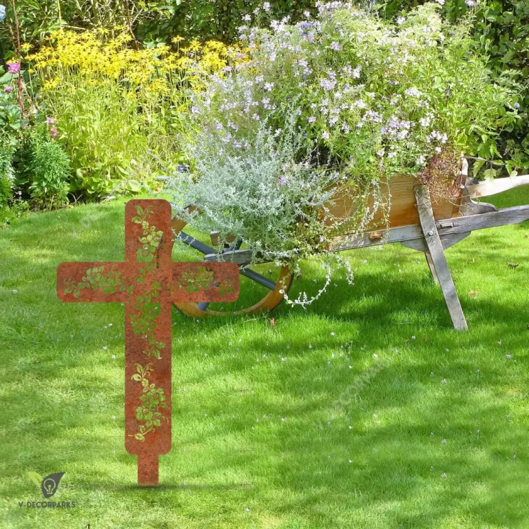 Rusty Cross With Flowers Metal Garden Sign, Jesus, God Outdoor Stake