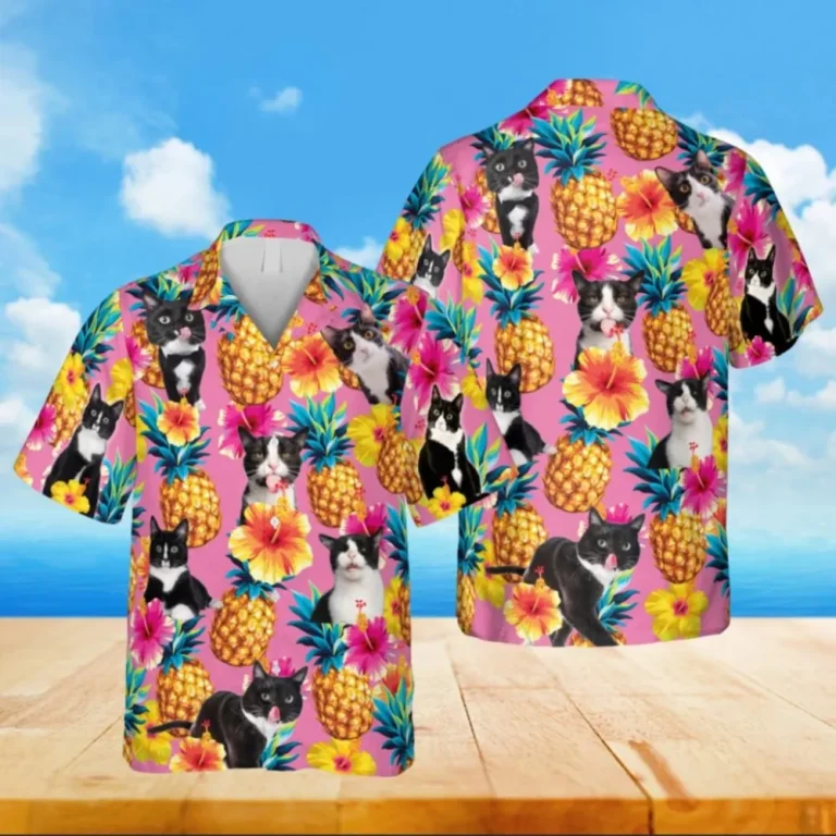 Tuxedo Kitty And Fruits Pink Hawaiian T-shirt, Beach Shirt For Mom, Aloha Shirt For Mens, Womens