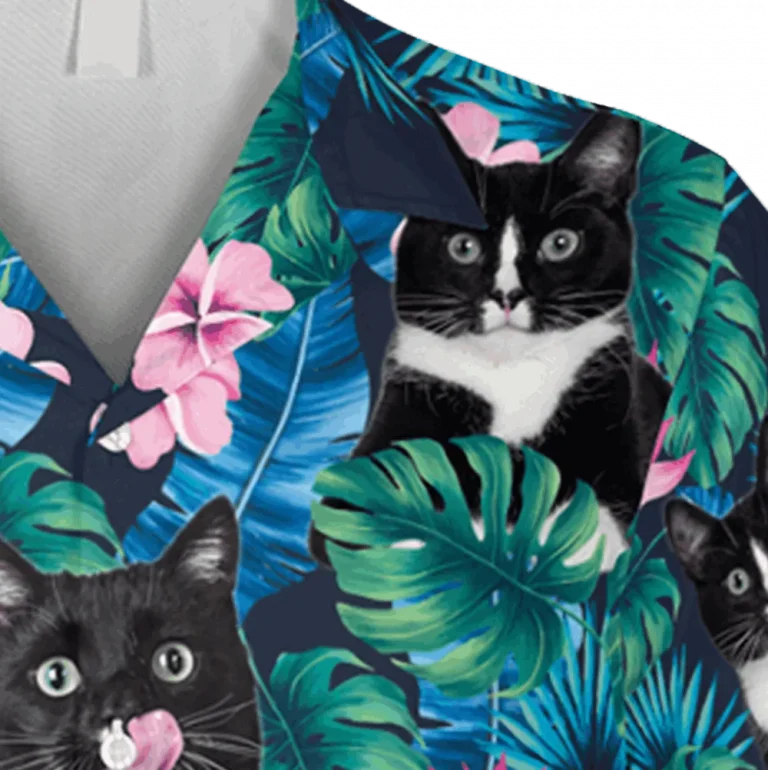 Hibicus Tuxedo Cats Hawaii Shirt, Vintage Clothing, Aloha Shirt For Mens, Womens