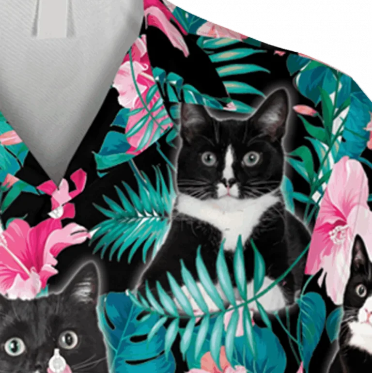 Floral Black And White Tuxedo Cats Hawaiian T-shirt, Cat Lovers Shirt, Aloha Shirt For Mens, Womens