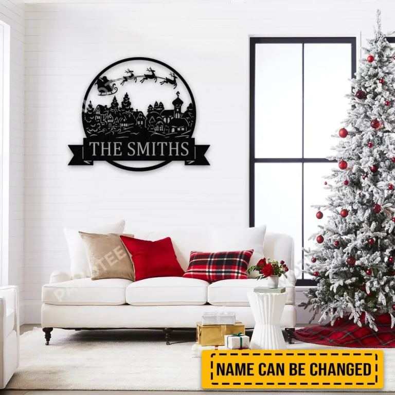 Customized Name Sleigh Christmas Metal Sign, Christmas Scene Housewarming Door Hanging