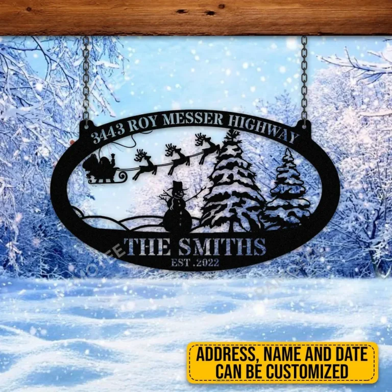 Customized Family Name, Address Sleigh, Snowman Large Metal Sign, Christmas Gate Decoration