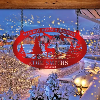 Custom Reindeer Walking On Snow Metal Sign, Reindeer Christmas House Artwork