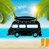 Coastal Bus Beach Metal Sign Silhouette, Coastal Bus And Surfing Board Outdoor Art