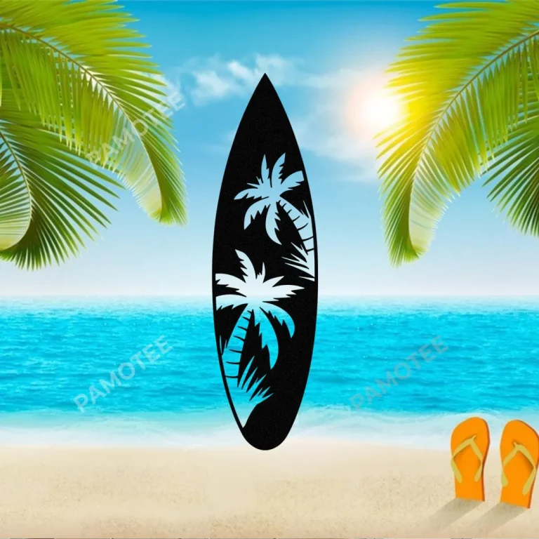 Surfing Board With Palms Inside Metal Art, Surfing Board Beach Steel Artwork