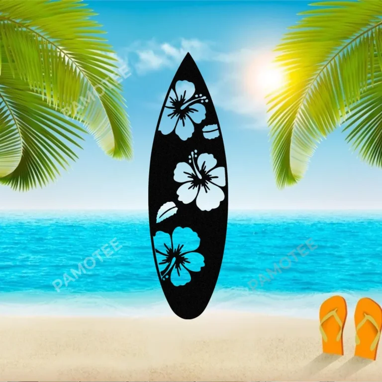 Surfing Board And Hibicus Flowers Metal Sign For Beach House