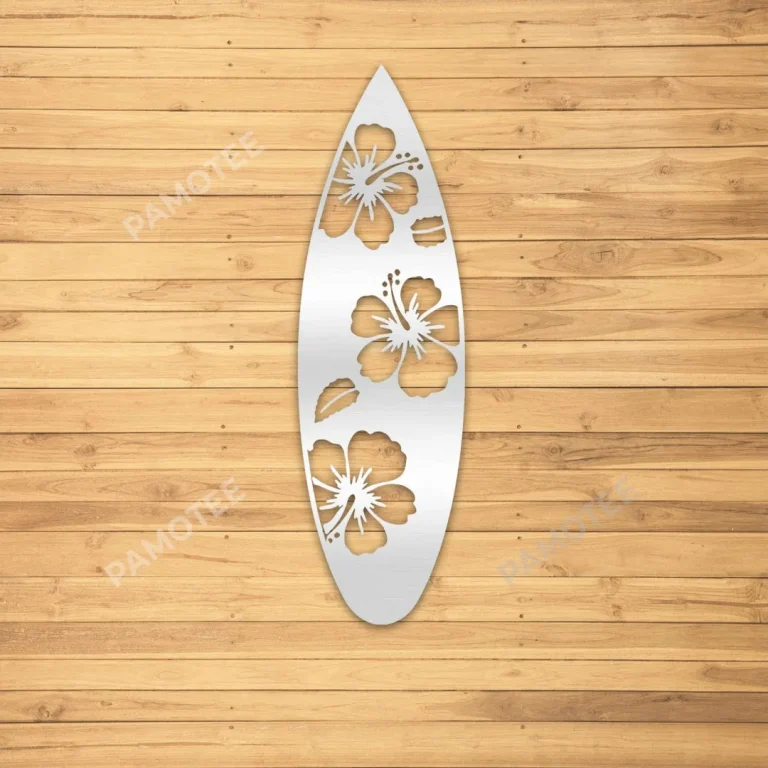 Surfing Board And Hibicus Flowers Metal Sign For Beach House