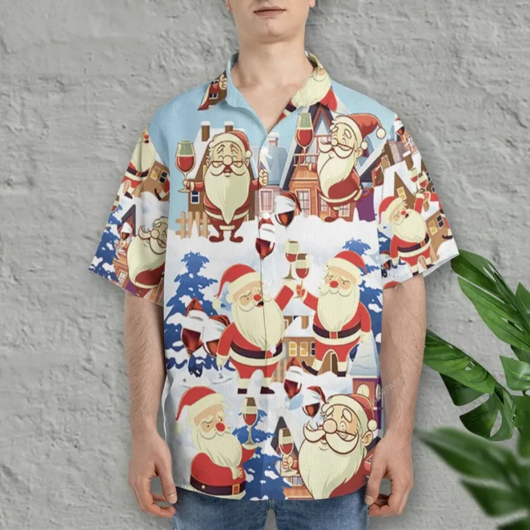 Santa Cheers Hawaiian Shirts For Men Women, Christmas Wine Aloha Shirts, Hawaiian Summer Beach Shirts, Wine Button Down Short Sleeve Hawaiian Shirts