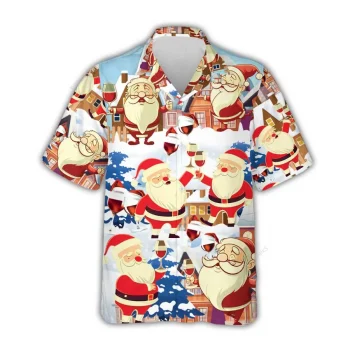 Santa Cheers Hawaiian Shirts For Men Women, Christmas Wine Aloha Shirts, Hawaiian Summer Beach Shirts, Wine Button Down Short Sleeve Hawaiian Shirts