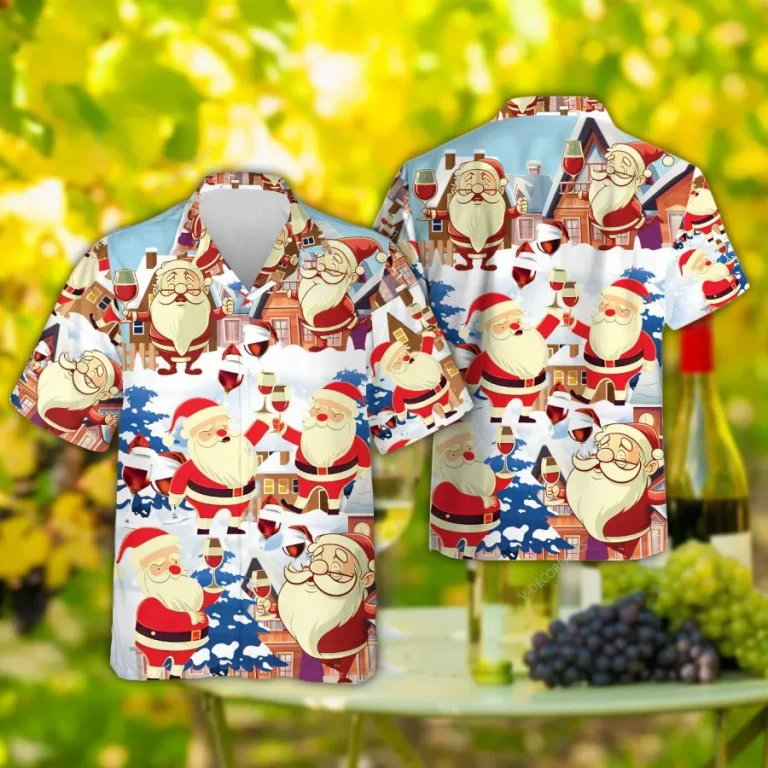 Santa Cheers Hawaiian Shirts For Men Women, Christmas Wine Aloha Shirts, Hawaiian Summer Beach Shirts, Wine Button Down Short Sleeve Hawaiian Shirts