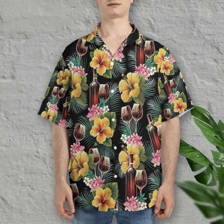 Wine Hawaiian Shirts For Men Women, Tropical Hibiscus Aloha Shirts, Hawaiian Summer Beach Shirts, Wine Button Down Short Sleeve Hawaiian Shirt