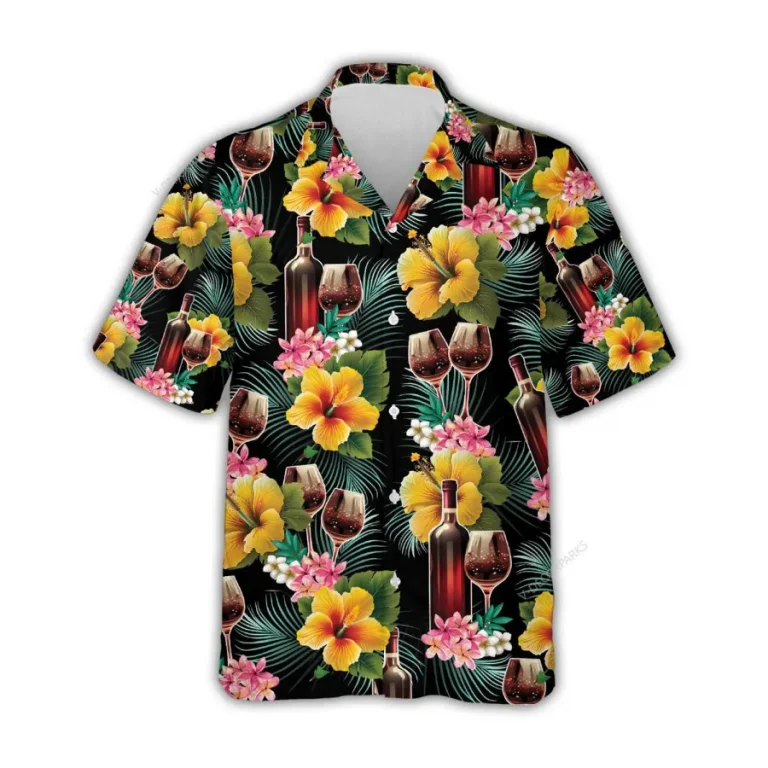 Wine Hawaiian Shirts For Men Women, Tropical Hibiscus Aloha Shirts, Hawaiian Summer Beach Shirts, Wine Button Down Short Sleeve Hawaiian Shirt